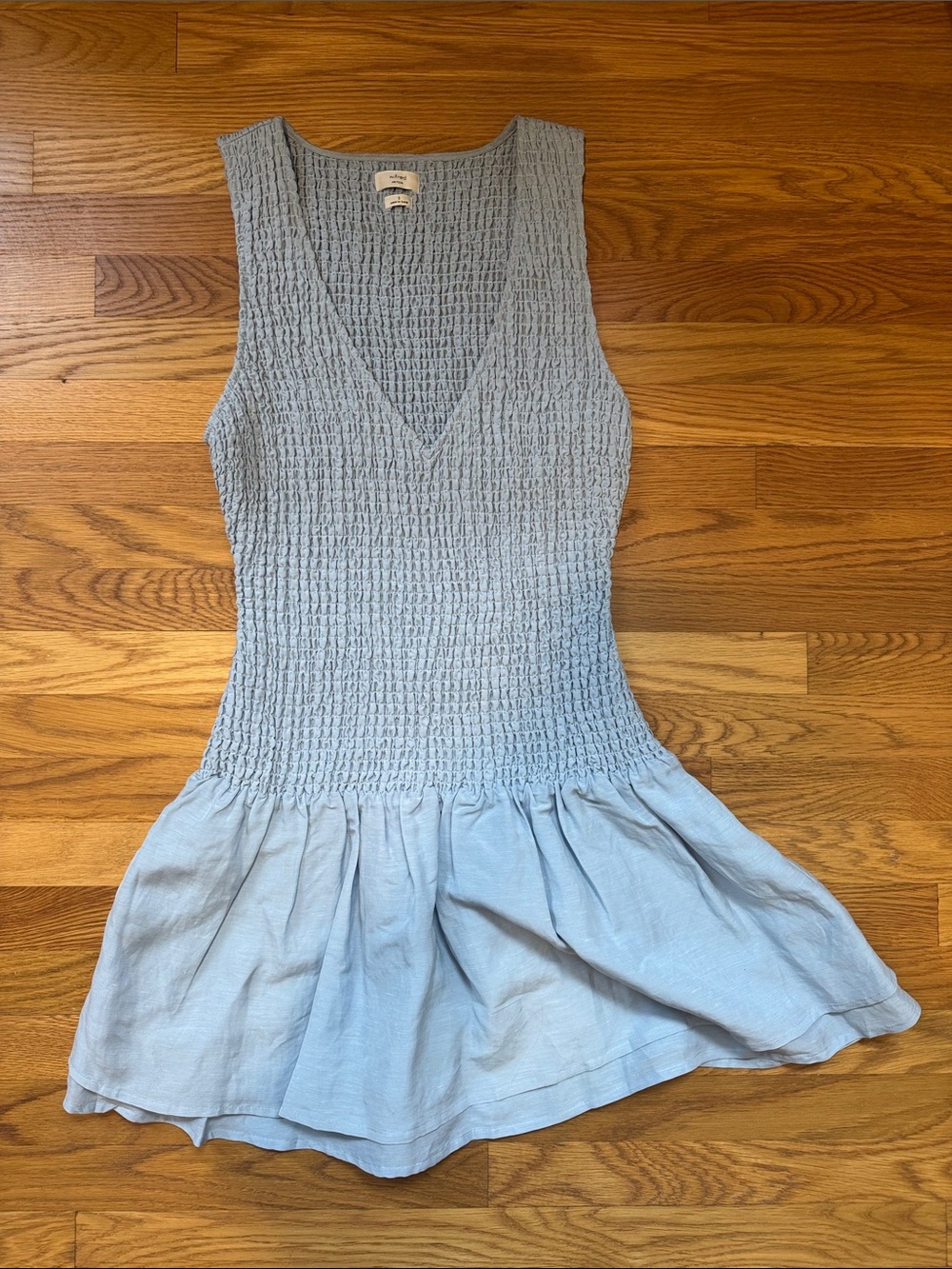 Aritzia Wilfred Light Blue Smocked V-Neck Sleeveless Dress